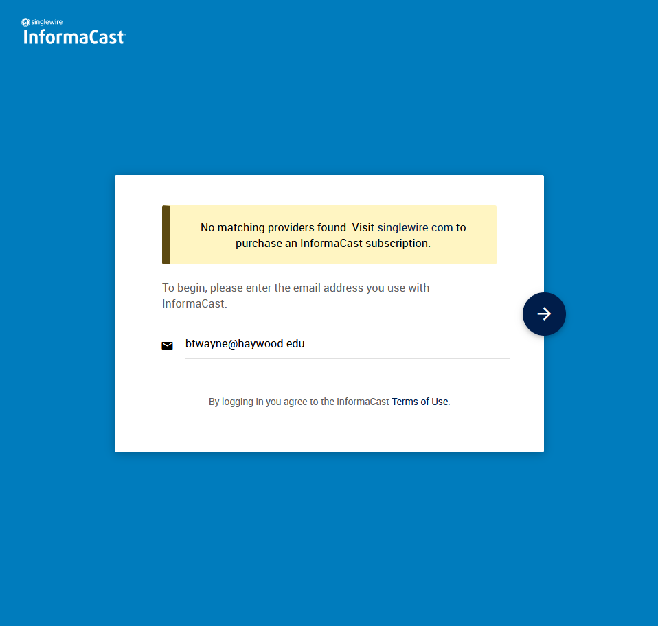 screenshot of informacast login page asking for user email address