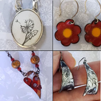 four examples of enameling work including a pendant and earrings