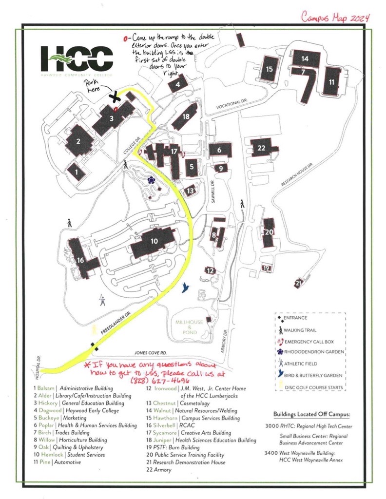 Map of directions to Learning Support Services: Come uo the ramp to the double exterior doors and enter the building. LSS is located at the first set of double doors on your right (Room 335). If you have any questions, please 828-627-4696.