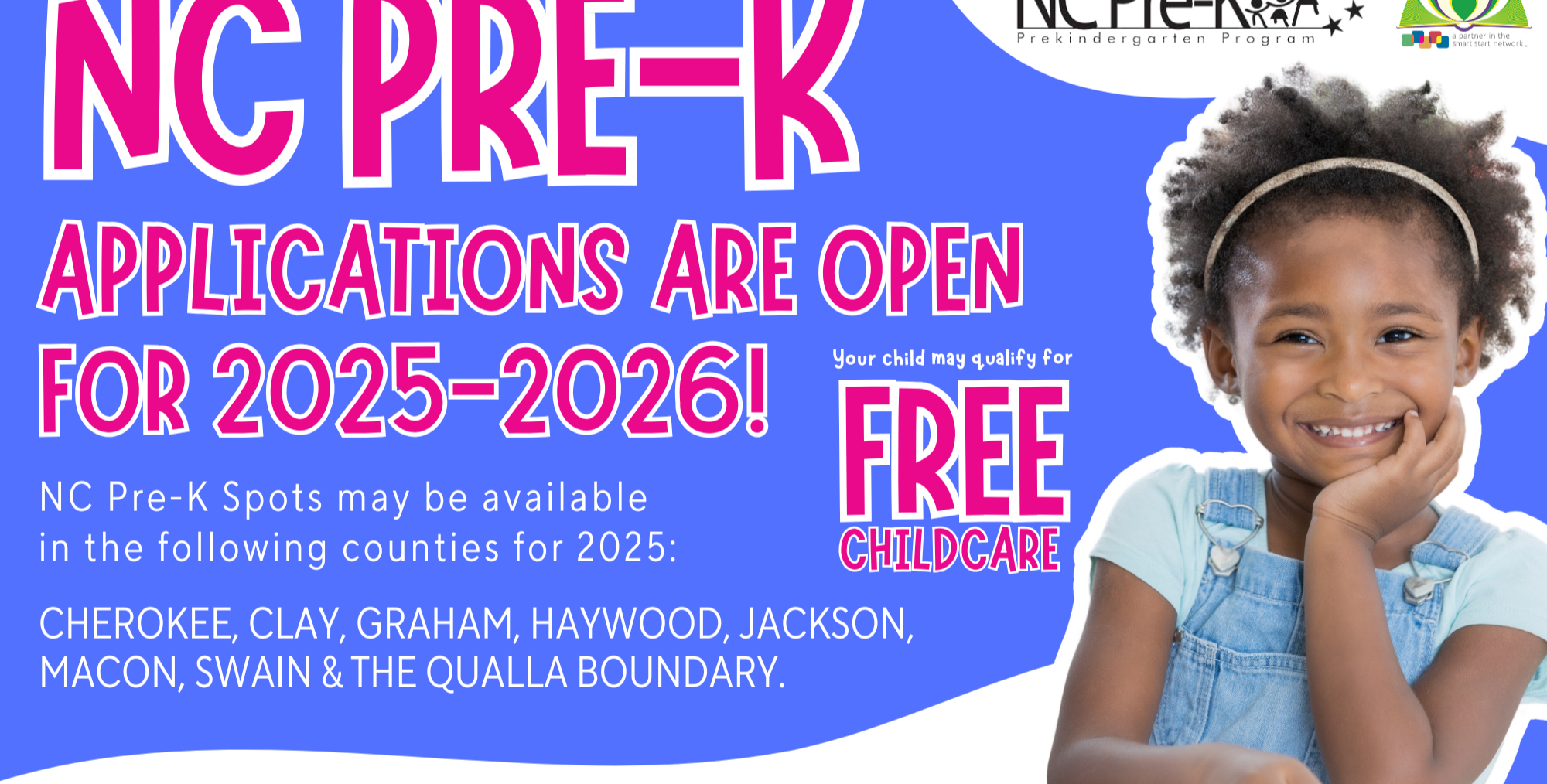 NC Pre-K applications now open. Your child may qualify for free childcare. Young girl smiling leaning on her hand.